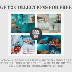 K&ouml;nnte beinhalten: Eine Collage aus vier Bildern, die verschiedene Ozean-Preset-Kollektionen f&uuml;r die Fotobearbeitung zeigen. Die Kollektionen hei&szlig;en "Tropical Beach", "Island", "Beach Club" und "Underwater". Der Text "GET 2 COLLECTIONS FOR FREE" erscheint oben im Bild. Ein Kreis mit dem Text "50% OFF" befindet sich in der Mitte der Collage. Der Text "YOU CAN ALSO FIND THIS PRESET IN THE OCEAN BUNDLE OF 4 PRESET COLLECTIONS, FOR 50% OFF - WHICH MEANS THAT YOU BUY 2 AND YOU GET 2 COLLECTIONS FOR FREE!" erscheint unten im Bild.