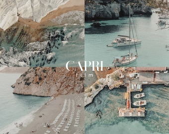 Ajustes preestablecidos de Lightroom para CAPRI FILM, 10 ajustes preestablecidos para dispositivos móviles y de escritorio, Vacaciones de verano, Estética italiana, Playa mediterránea, Filtro retro vintage