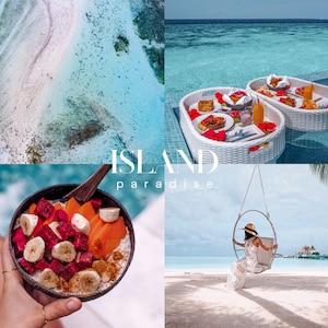 K&ouml;nnte beinhalten: Eine Collage von Bildern, die ein tropisches Inselparadies zeigen. Das obere Bild zeigt eine Luftaufnahme eines wei&szlig;en Sandstrandes und t&uuml;rkisfarbenen Wassers. Das untere linke Bild zeigt eine Sch&uuml;ssel mit Obst und M&uuml;sli. Das untere rechte Bild zeigt eine Frau, die sich auf einer Schaukel &uuml;ber einem wei&szlig;en Sandstrand entspannt. Das mittlere Bild zeigt ein Fr&uuml;hst&uuml;cks-Tablett, das in einem Pool schwimmt.