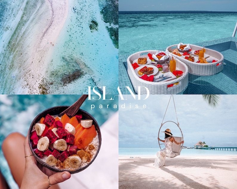 K&ouml;nnte beinhalten: Eine Collage von Bildern, die ein tropisches Inselparadies zeigen. Das obere Bild zeigt eine Luftaufnahme eines wei&szlig;en Sandstrandes und t&uuml;rkisfarbenen Wassers. Das untere linke Bild zeigt eine Sch&uuml;ssel mit Obst und M&uuml;sli. Das untere rechte Bild zeigt eine Frau, die sich auf einer Schaukel &uuml;ber einem wei&szlig;en Sandstrand entspannt. Das mittlere Bild zeigt ein Fr&uuml;hst&uuml;cks-Tablett, das in einem Pool schwimmt.