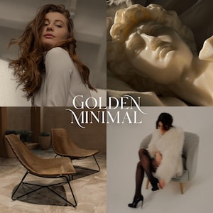 以下が含まれることがあります： 4つの画像のコラージュ。長い茶色の髪の女性、男性の顔の彫刻、2つの茶色の籐椅子、灰色の椅子に座っている白い毛皮のコートを着た女性が写っています。コラージュの中央には「GOLDEN MINIMAL」というテキストがあります。