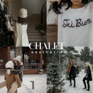 Pode incluir: Uma colagem de imagens com uma estética invernal. A imagem superior esquerda mostra uma pessoa decorando uma árvore de Natal com laços brancos. A imagem superior direita mostra um suéter branco com o texto "Ski Bum" em vermelho. A imagem inferior esquerda mostra um casal se abraçando na neve. A imagem inferior direita mostra duas pessoas caminhando por uma floresta nevada.