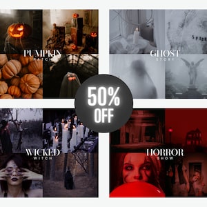 May include: A collage of Halloween-themed images with the text "50% OFF" in the center. The images include pumpkins, a ghost, a witch, and a haunted house.