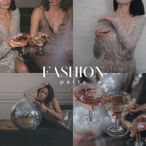 May include: Two women in sparkly dresses pose for a photo at a party. They are holding champagne flutes and smiling. The text "FASHION party" is written in white letters on a black background.