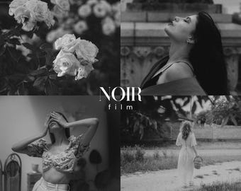 May include: A black and white photo collage featuring three women. The first image shows a woman with her hands over her eyes. The second image shows a woman looking up with her head tilted back. The third image shows a woman walking away from the camera. The text "NOIR film" is in the center of the collage.