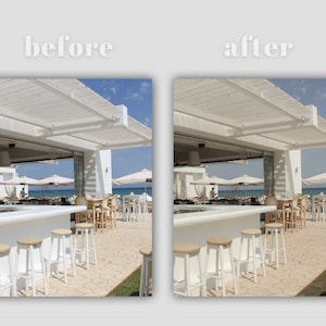May include: A white bar with white stools and a white pergola overhead. The bar is located on a patio with a view of the sea.