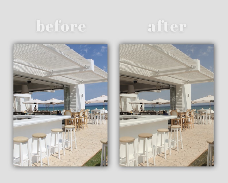 May include: A white bar with white stools and a white pergola overhead. The bar is located on a patio with a view of the sea.