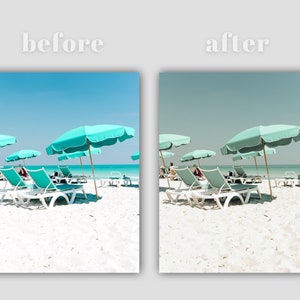 May include: A beach scene with white sand, blue sky, and turquoise beach chairs and umbrellas.
