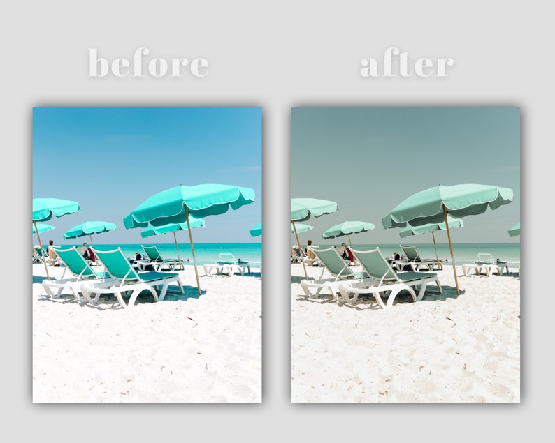 May include: A beach scene with white sand, blue sky, and turquoise beach chairs and umbrellas.