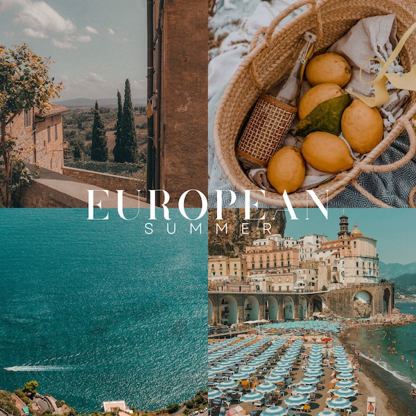 ÉTÉ EUROPÉEN Paramètres prédéfinis Lightroom, 10 paramètres prédéfinis pour téléphones portables et ordinateurs de bureau, vacances d'été, style italien, mer Méditerranée, filtre changeant naturel chaud