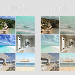 May include: A collage of before and after photos demonstrating the impact of a photo editing filter. The original images depict a tropical beach scene with a clear blue sky, turquoise water, and white sand. The edited images showcase the same scene with a more subdued colour palette, a hazy sky, and a softer overall appearance.