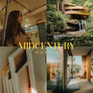 May include: A collage of images showcasing mid-century modern design. The top left image shows a woman in a brown coat standing on a public transit vehicle. The top right image shows a house built into a hillside with a waterfall in the foreground. The bottom left image shows a stack of wooden picture frames. The bottom right image shows a modern living room with large windows and wooden furniture.