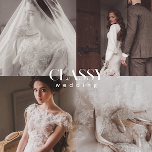 Puede incluir: Un collage de imágenes con temática de boda. Arriba a la izquierda, una novia con velo y vestido detallado. Arriba a la derecha, una pareja, la novia con un vestido blanco. Abajo a la izquierda, una novia con un vestido detallado. Abajo a la derecha, zapatos de novia. El texto "CLASSY WEDDING" está en el centro.