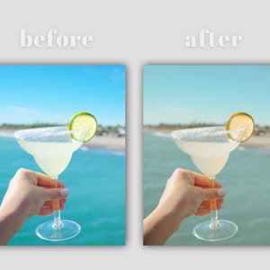 May include: A margarita cocktail with a lime wedge garnish in a glass with a salted rim. The drink is being held by a hand against a blue ocean background.