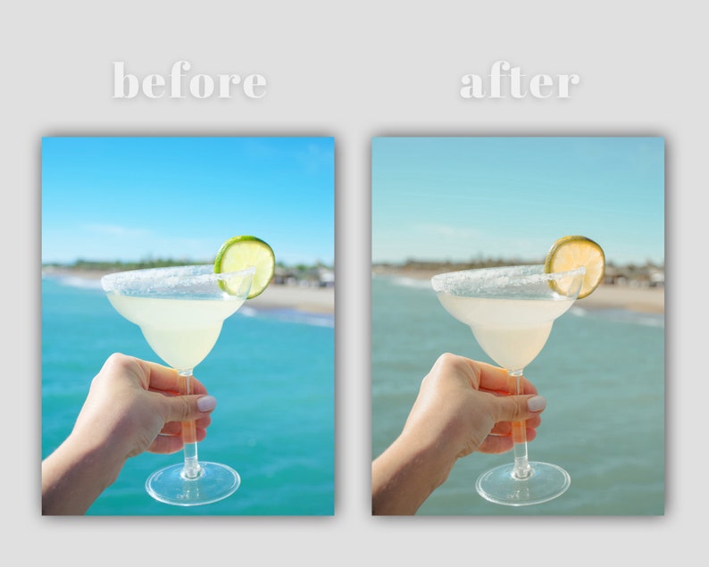 May include: A margarita cocktail with a lime wedge garnish in a glass with a salted rim. The drink is being held by a hand against a blue ocean background.