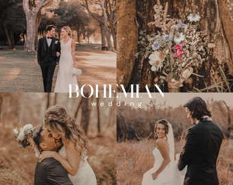 May include: A collage of images depicting a bohemian wedding. The images show a couple walking, a floral bouquet, and a couple embracing. The text "BOHEMIAN wedding" is displayed across the images.
