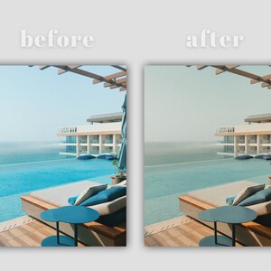May include: A lounge chair with blue cushions sits on a wooden deck overlooking a swimming pool. The pool is surrounded by a white building and a wooden pergola. The sky is a light blue and the water is a turquoise blue.