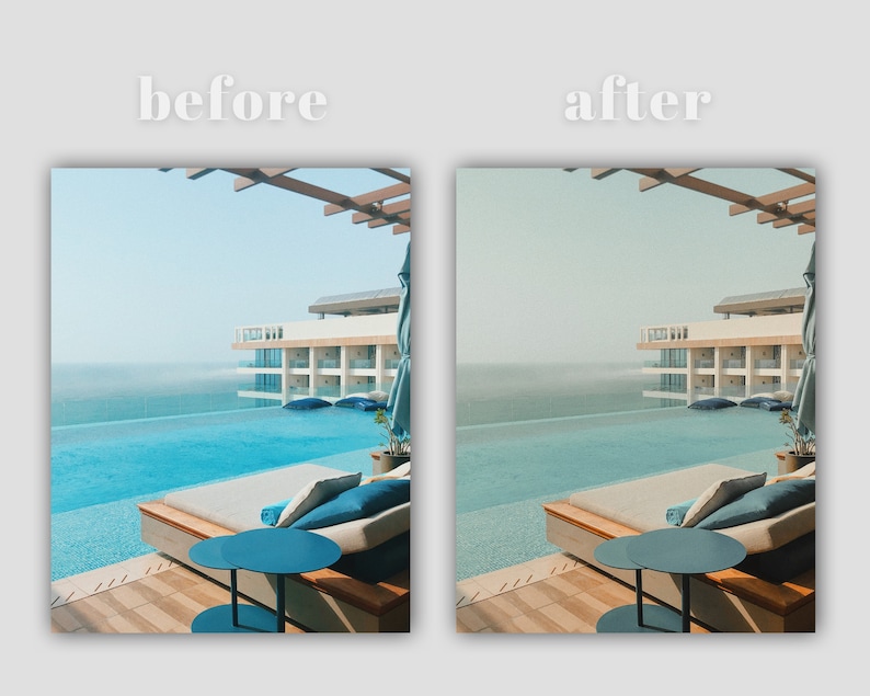 May include: A lounge chair with blue cushions sits on a wooden deck overlooking a swimming pool. The pool is surrounded by a white building and a wooden pergola. The sky is a light blue and the water is a turquoise blue.