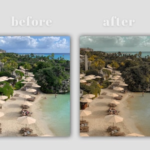 May include: A before and after image of a tropical beach scene. The before image shows a bright blue sky and ocean, while the after image has a more muted colour palette with a greenish-blue sky and ocean.