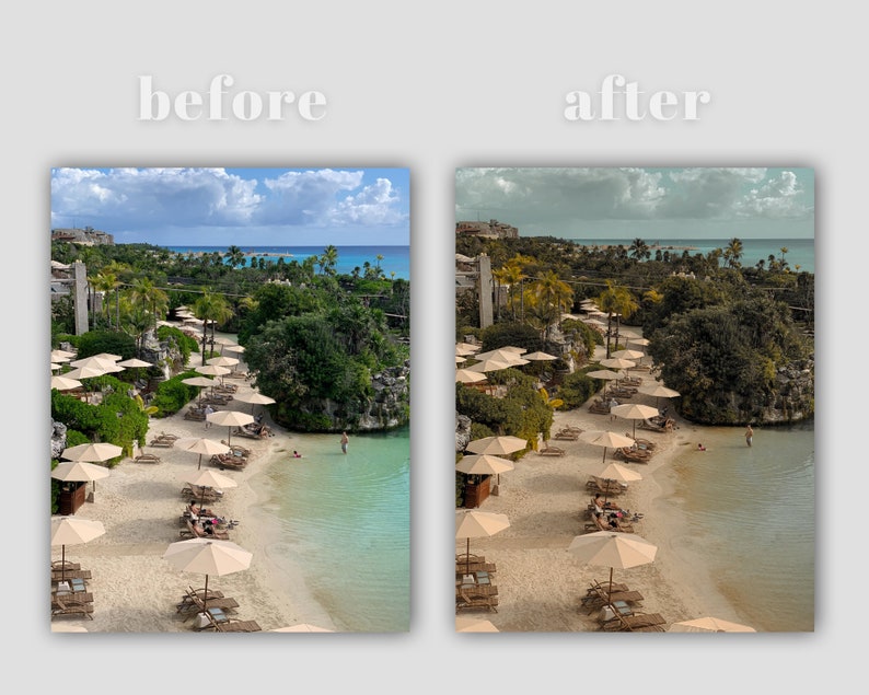 May include: A before and after image of a tropical beach scene. The before image shows a bright blue sky and ocean, while the after image has a more muted colour palette with a greenish-blue sky and ocean.