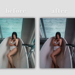 K&ouml;nnte beinhalten: Eine Frau in einem wei&szlig;en Bikini sitzt in einer Badewanne mit Blick auf das Meer. Die Badewanne ist wei&szlig; und hat einen verchromten Wasserhahn. Das Wasser ist klar und das Meer ist blau.