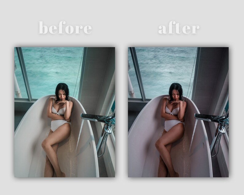 K&ouml;nnte beinhalten: Eine Frau in einem wei&szlig;en Bikini sitzt in einer Badewanne mit Blick auf das Meer. Die Badewanne ist wei&szlig; und hat einen verchromten Wasserhahn. Das Wasser ist klar und das Meer ist blau.