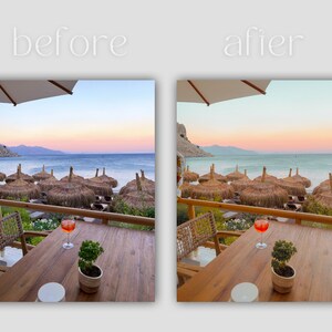 May include: A wooden table with a glass of orange juice on it, set against a backdrop of a beach with thatched umbrellas and a sunset sky.