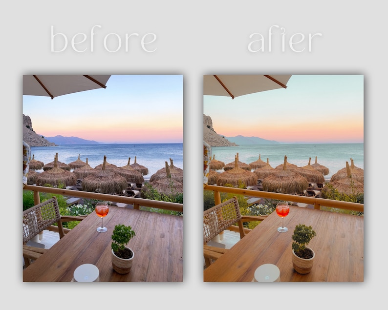 May include: A wooden table with a glass of orange juice on it, set against a backdrop of a beach with thatched umbrellas and a sunset sky.