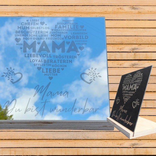 Motivspiegel mit Gravur - Spiegel mit Spruch graviert - Mama du bist wunderbar - 20 x 20 cm - inkl. Holz Aufsteller Muttertagsgeschenk