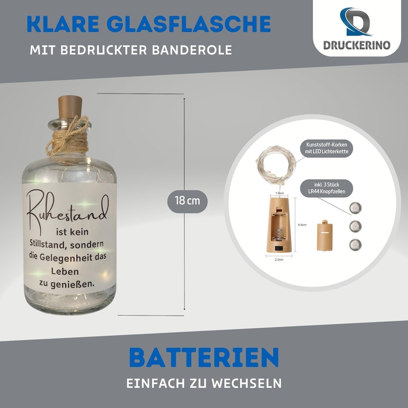 Flaschenlicht, Geschenk zur Rente, Geschenk zum Ruhestand, Geschenk Rente, Geschenke zur Rente, Geschenk Rentner, Geschenke für Rentner, originelle geschenke zur rente, ruhestand geschenk, Leuchtflasche Ruhestand, Leuchtflasche Rente