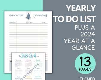 Yearly To Do List, Monthly Task Log, Reminder List, Planner Insert Printable PDF