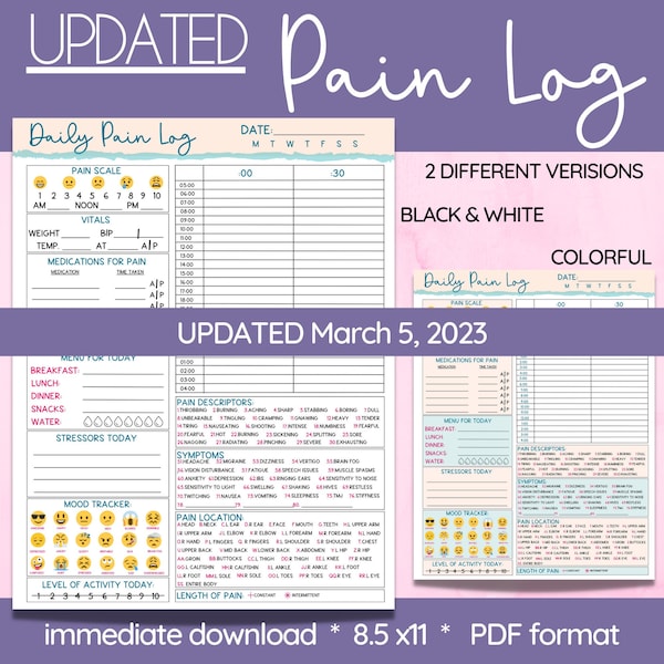 Digital Daily Pain Tracker, Chronic Pain Journal Syndrome Tracker, Fibromyalgia Pain Log, Chronic Fatigue Syndrome, Multiple Sclerosis