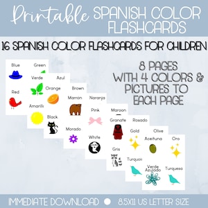 Flashcards coloridos educativos em espanhol | Aprenda cores em espanhol | Flashcards de inglês para espanhol para crianças | Aprender espanhol
