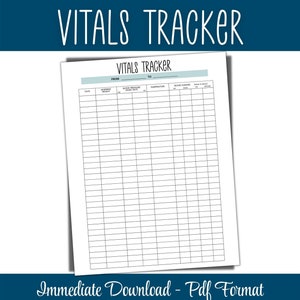 Op de afbeelding: Een afdrukbare vitale tracker-grafiek met kolommen voor datum, ochtendgewicht, bloeddruk, hartslag, temperatuur, bloedsuiker en notities. De grafiek heeft de titel "Vitals Tracker" en heeft een lichtblauwe achtergrond.
