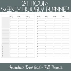 24 Hourly Weekly Planner Insert, Weekly Planner Printable, Week At a Glance, Weekly Schedule, Desk Planner, Time Blocking
