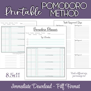 May include: Printable Pomodoro Method planner with a black and white design. The planner includes a weekly schedule, a section for top 3 priorities, and a section for task/assignment steps. The planner is 8.5 x 11 inches.