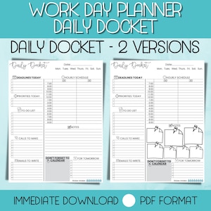 Daily Docket, Work Day Planner, Work Day Organizer, Office Planner, Task List, Daily To Do Planner, Daily Printable Planner PDF, To Do List