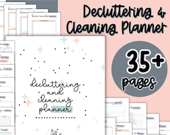 May include: A printable decluttering and cleaning planner with over 35 pages. The cover features a light blue and pink color scheme with a cartoon illustration of a bucket with cleaning supplies. The text "Decluttering and Cleaning Planner" is written in black.