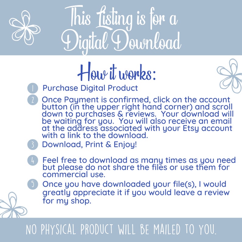 May include: A blue and white graphic with instructions on how to purchase and download a digital product. The text reads "This listing is for a Digital Download. How it works: 1. Purchase Digital Product 2. Once Payment is confirmed, click on the account button (in the upper right hand corner) and scroll down to purchases & reviews. Your download will be waiting for you. You will also receive an email at the address associated with your Etsy account with a link to the download. 3. Download, Print & Enjoy! 4. Feel free to download as many times as you need but please do not share the files or use them for commercial use. 5. Once you have downloaded your file(s), I would greatly appreciate it if you would leave a review for my shop. NO PHYSICAL PRODUCT WILL BE MAILED TO YOU."