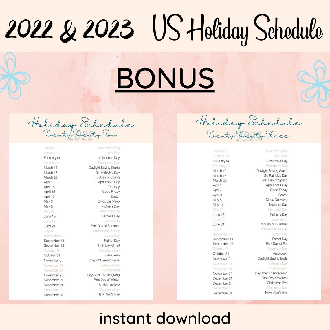 2022 2023 Year at a Glance 2022 2023 US Holiday Schedule | Etsy