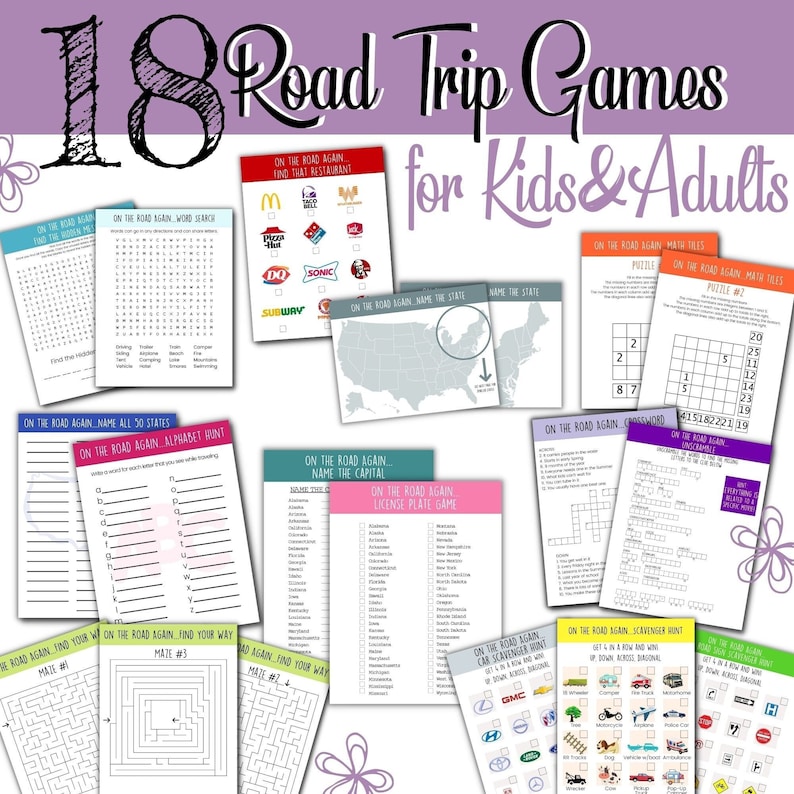 May include: A set of 18 printable road trip games for kids and adults. The games include word searches, mazes, math puzzles, and more. The games are designed to be fun and engaging for all ages.