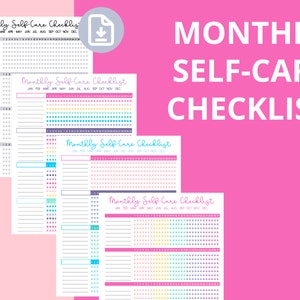 May include: Four printable monthly self-care checklists with colourful squares and the text "Monthly Self-Care Checklist" at the top of each page.