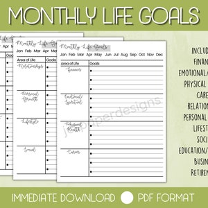 Monthly Life Goals, Goal Organizer, Goal Planning, Productivity Planner