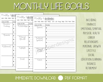 Monthly Life Goals, Goal Organizer, Goal Planning, Productivity Planner
