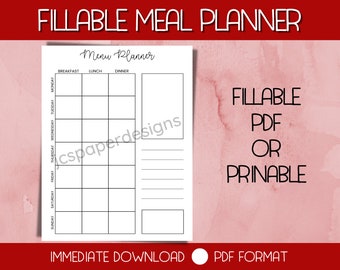FILLABLE or PRINTABLE Weekly Meal Planner, Menu Planner, Meal Plan