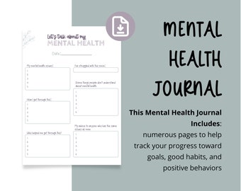 Könnte beinhalten: Ein druckbares Tagebuch für die psychische Gesundheit mit weißem Hintergrund und schwarzem Text. Das Tagebuch enthält Aufforderungen zur Reflexion über psychische Gesundheitsprobleme, Bewältigungsmechanismen und Unterstützungssysteme. Der Text "Let's talk about my MENTAL HEALTH" befindet sich oben auf der Seite.