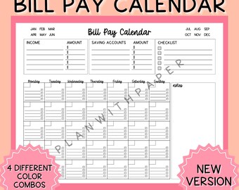 Bill Pay Calendar Printable | Monthly Bill Tracker | Budget Planner | Finance Organizer | Paycheck & Savings Tracker | Instant Download
