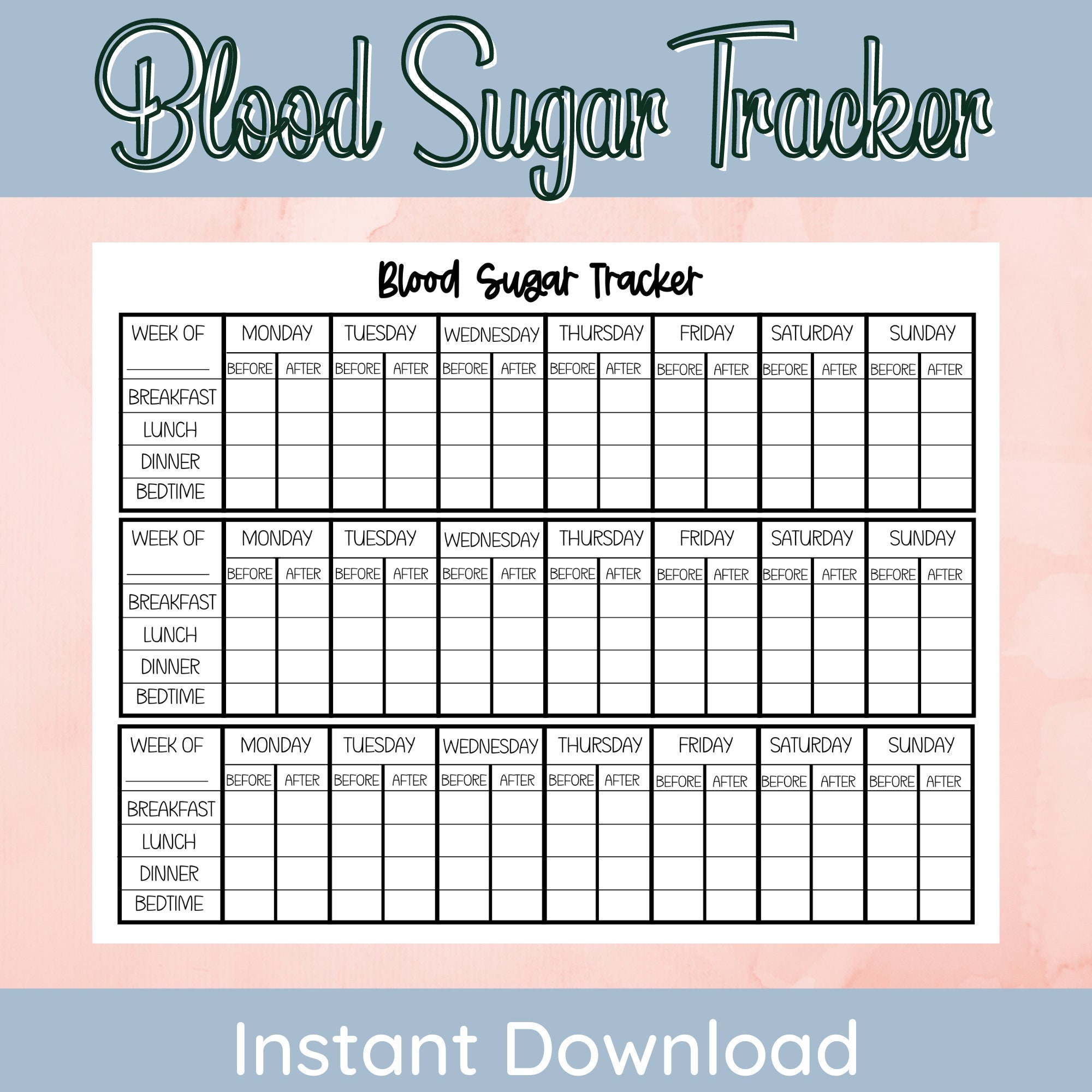 Blood Sugar Tracker | Glucose Tracker | Diabetes Log | Weekly Sugar tracker | Glucose Log