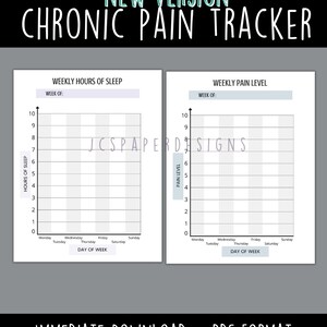 May include: Printable chronic pain tracker with two charts. The first chart is for tracking weekly hours of sleep and the second chart is for tracking weekly pain levels. Both charts have a scale from 0 to 10 and are divided into seven columns for each day of the week.