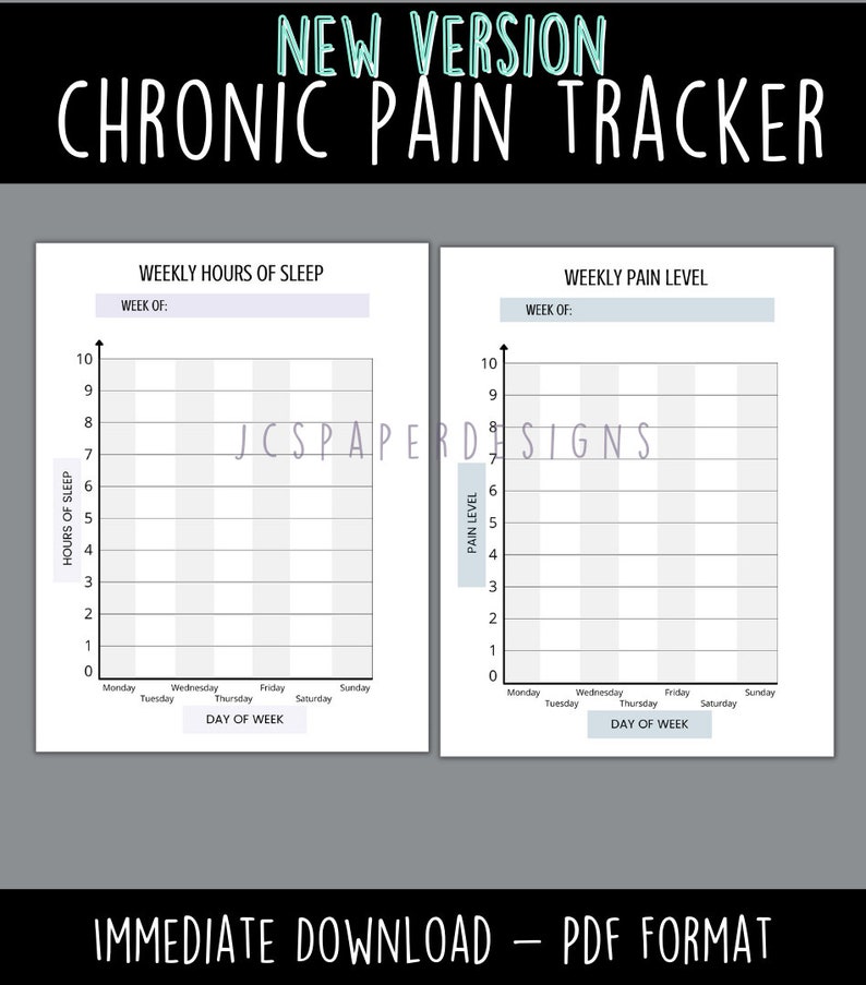 May include: Printable chronic pain tracker with two charts. The first chart is for tracking weekly hours of sleep and the second chart is for tracking weekly pain levels. Both charts have a scale from 0 to 10 and are divided into seven columns for each day of the week.
